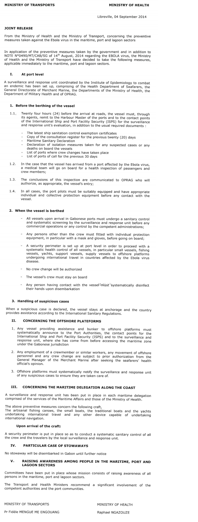 Gabonese Ministry of Transport and Ministry of Health-JOINT RELEASE on 4 Sep. 2014