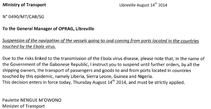 The noticed by the Ministry of Transport to OPRAG (port Authorities in Gabon)